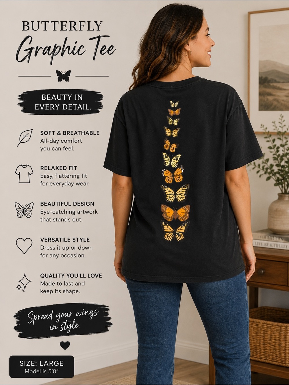 Black T‑Shirt with Vertical Orange Butterfly Graphic LARGE